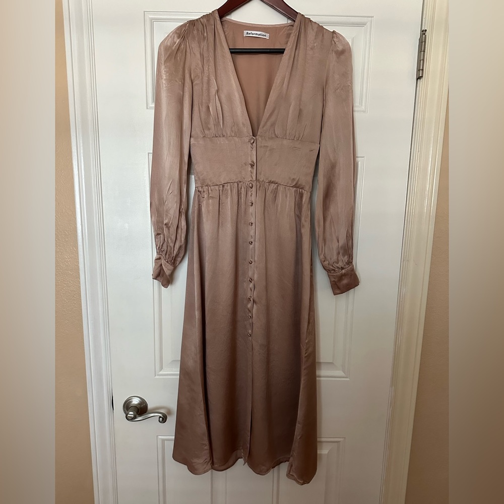 reformation, blush pink silk midi dress